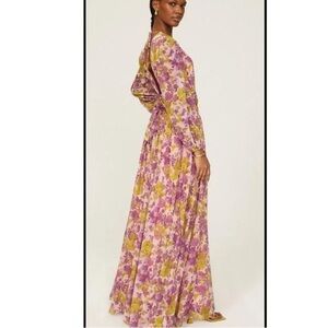 LDT Pink Orange Floral Print Goddess Long Sleeves Open-Back Maxi Dress Size 6